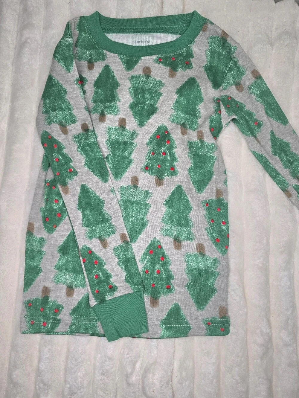 Carter's Green Festive Tree Print Kids Pajama Set with Red Dot Accents 4T NWT